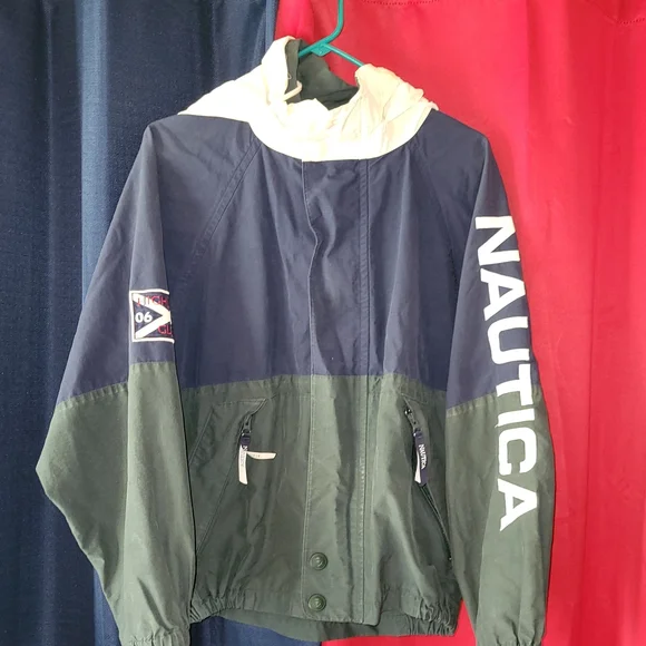 Nautica Colorblock Windbreaker Jacket - Navy & Forest Green Y2k 90s Small - Picture 2 of 10